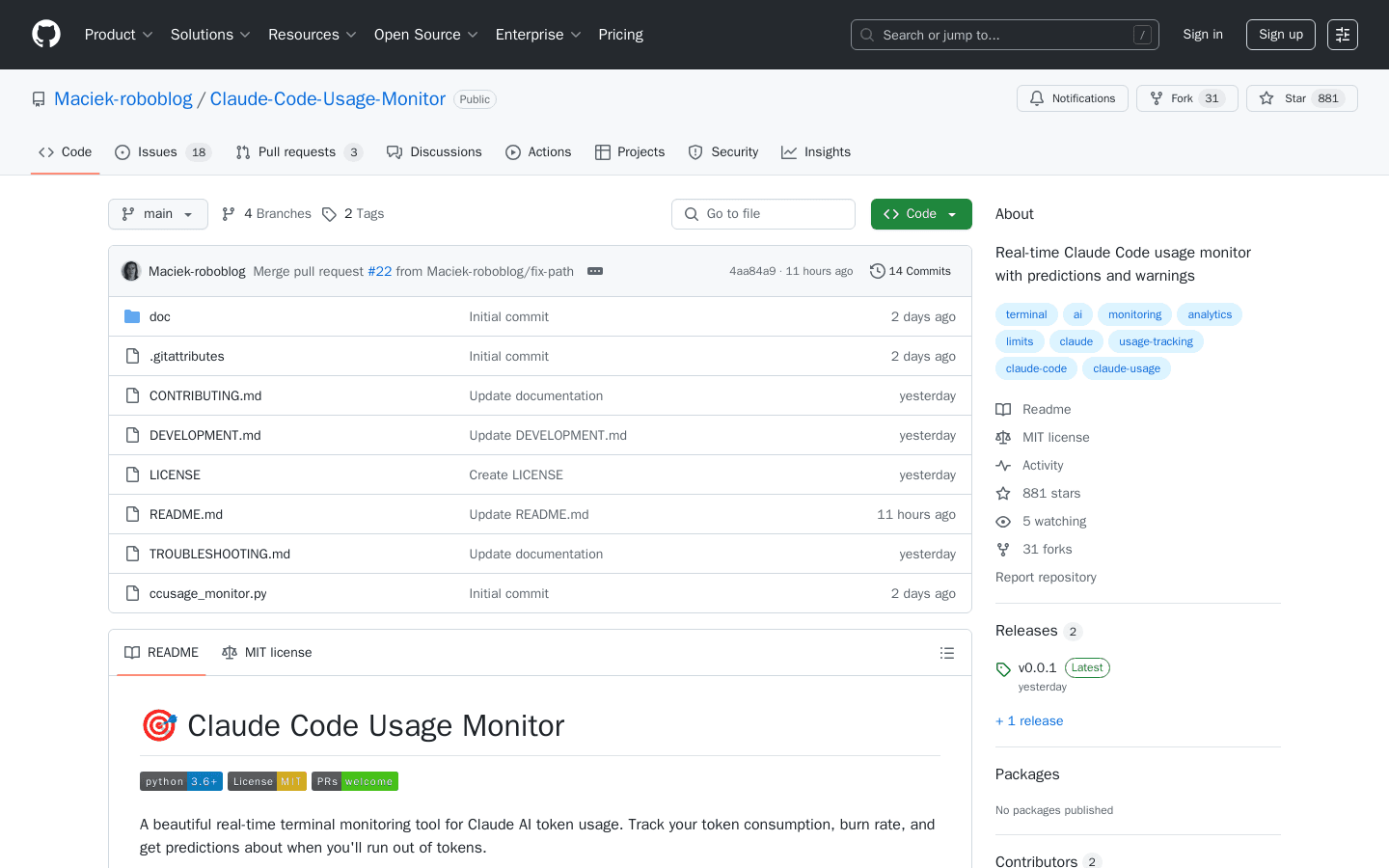 GitHub - Maciek-roboblog/Claude-Code-Usage-Monitor: Real-time Claude Code usage monitor with predictions and warnings