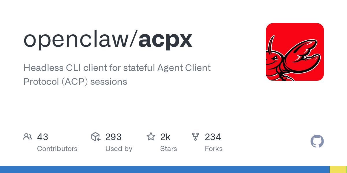 Preview of GitHub - openclaw/acpx: Headless CLI client for stateful Agent Client Protocol (ACP) sessions