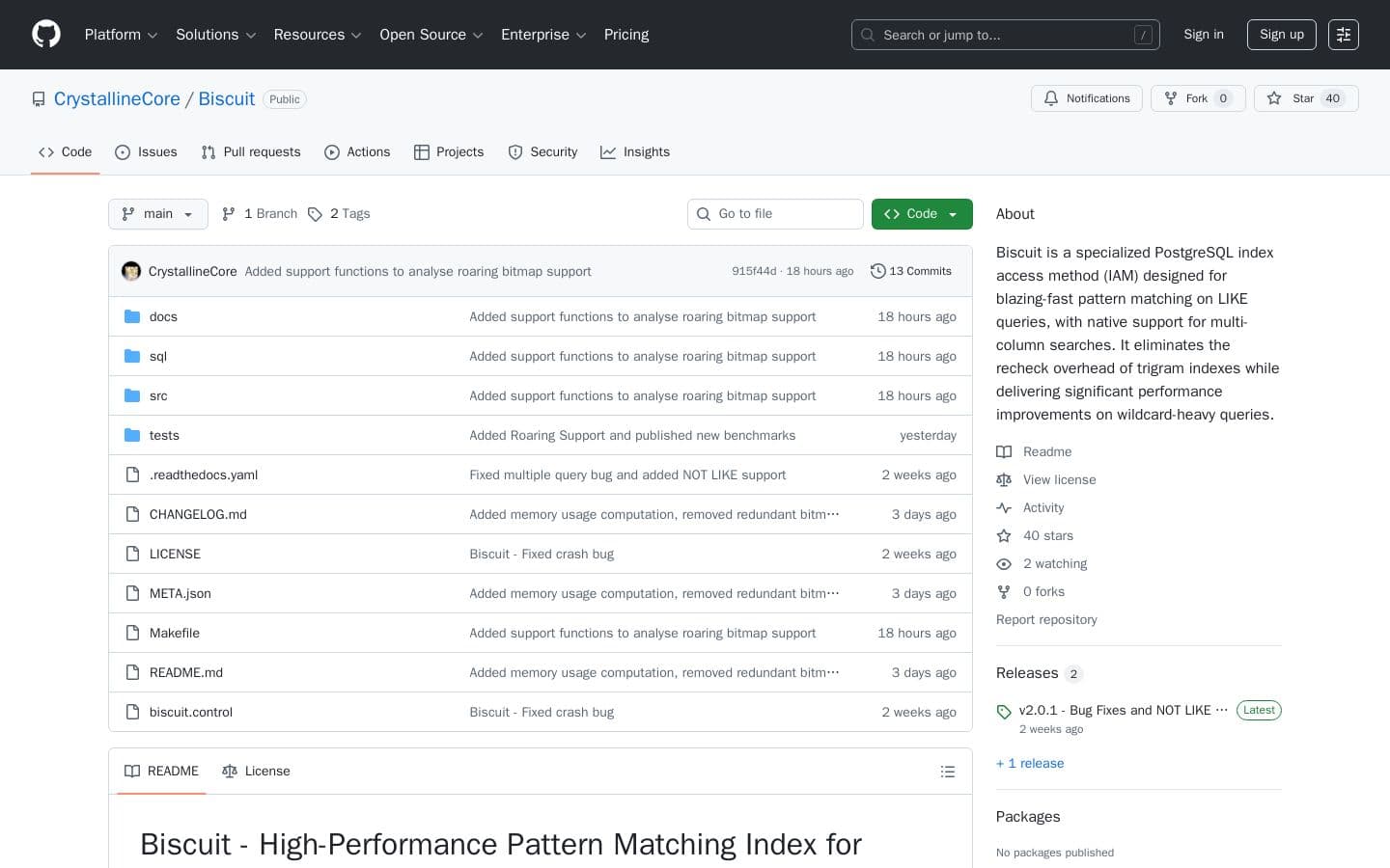 GitHub - Biscuit: A PostgreSQL index access method (IAM) for blazing-fast pattern matching on LIKE queries