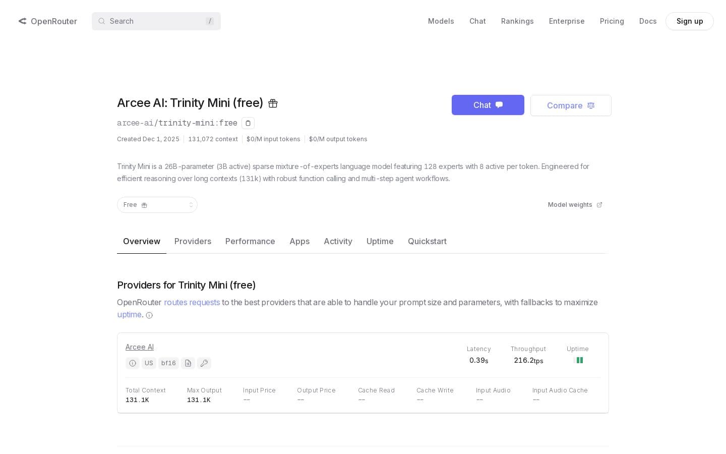 Trinity Mini (free) - API, Providers, Stats