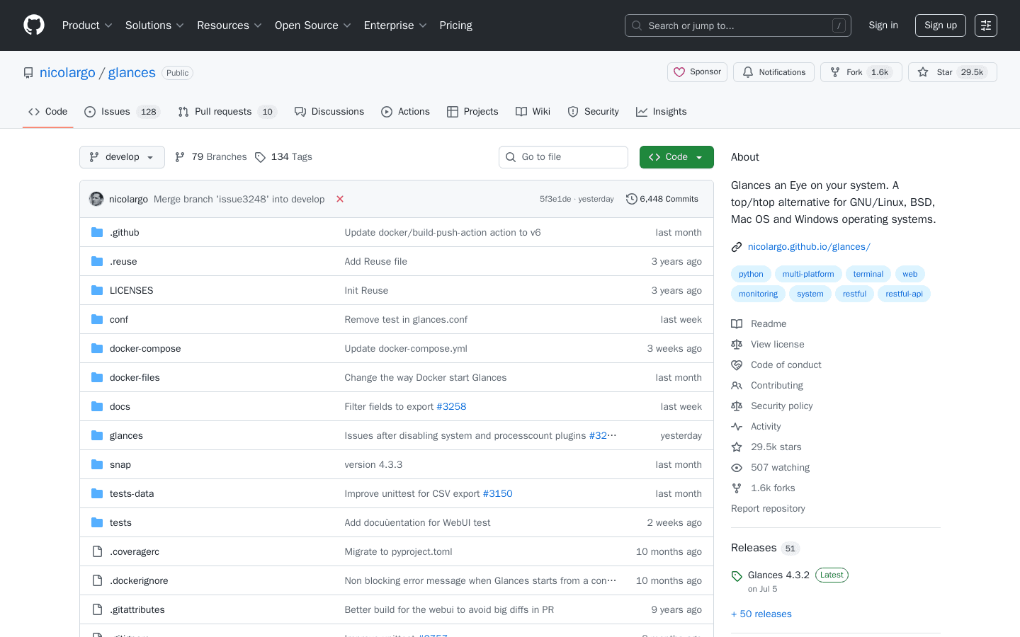 GitHub - nicolargo/glances: Glances an Eye on your system. A top/htop alternative for GNU/Linux, BSD, Mac OS and Windows operating systems.