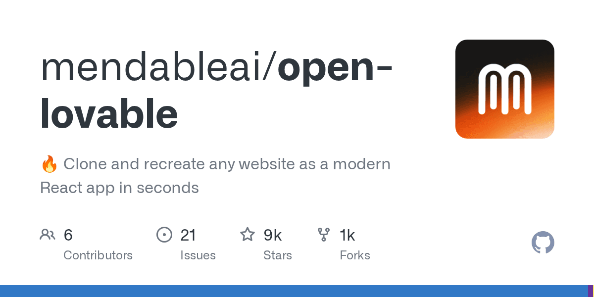 GitHub - mendableai/open-lovable: 🔥 Clone and recreate any website as a modern React app in seconds