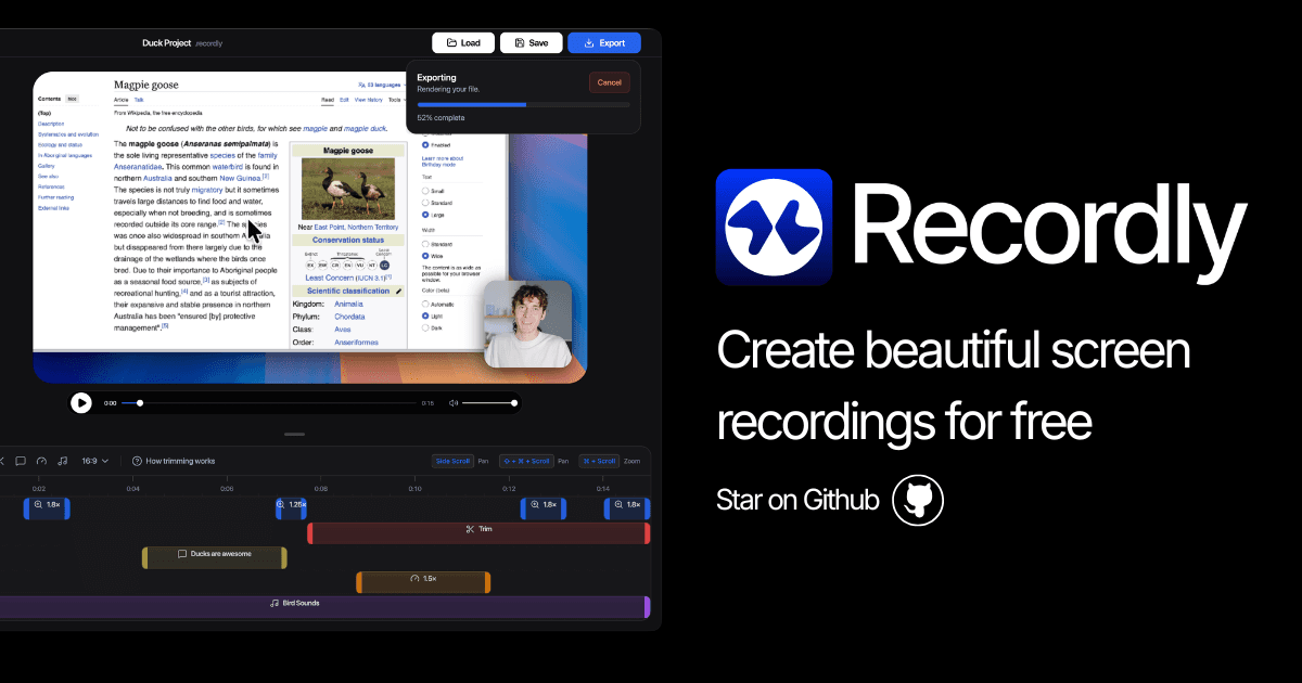 GitHub - webadderall/Recordly: Recordly is an open‑source screen recorder for MacOS/Windows/Linux with auto-zoom, motion blur animated cursors, webcam overlays, auto-captions and more. Used to create product demos, guided walkthroughs and more.