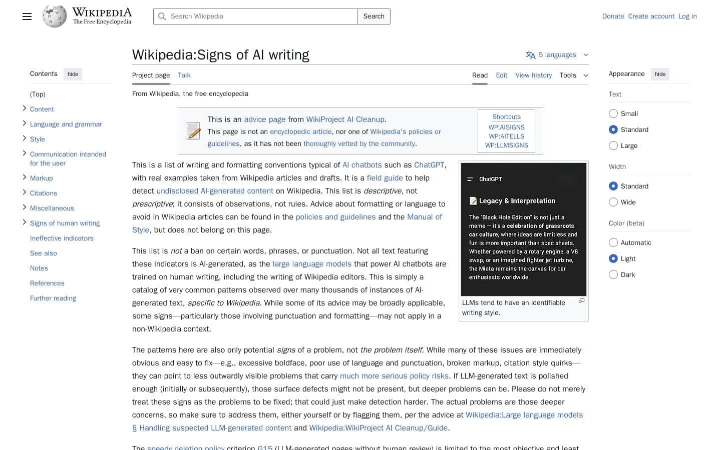 Signs of AI writing / LLM written text (Wikipedia article)