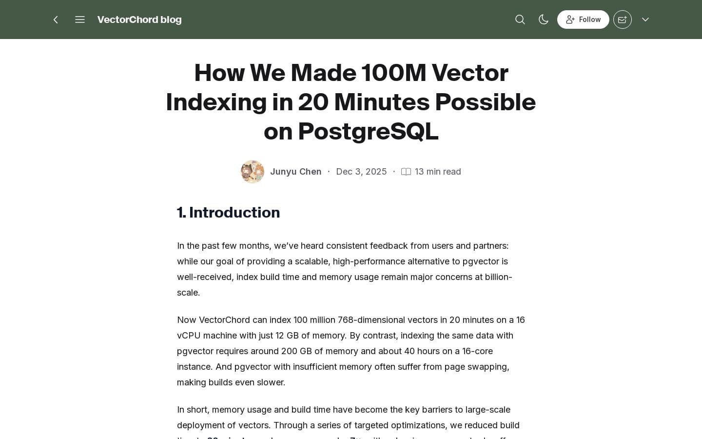 How We Made 100M Vector Indexing in 20 Minutes Possible on PostgreSQL