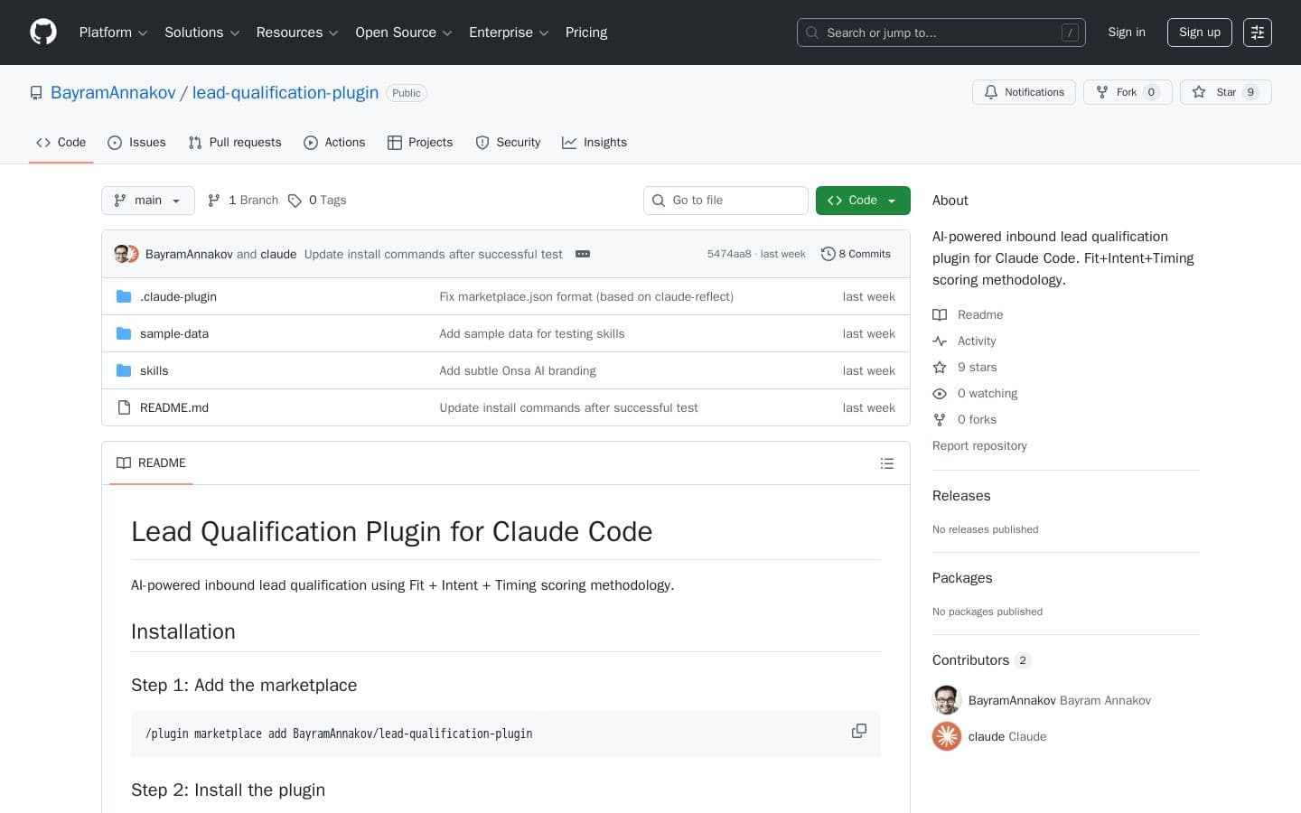 GitHub - BayramAnnakov/lead-qualification-plugin: AI-powered inbound lead qualification plugin for Claude Code. Fit+Intent+Timing scoring methodology.