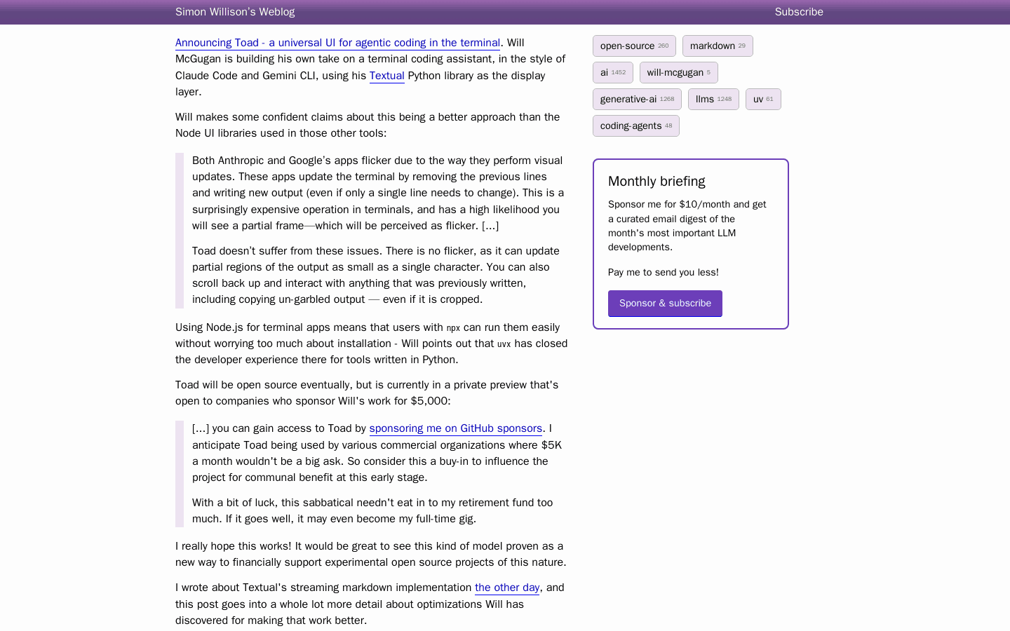 Announcing Toad—a universal UI for agentic coding in the terminal
