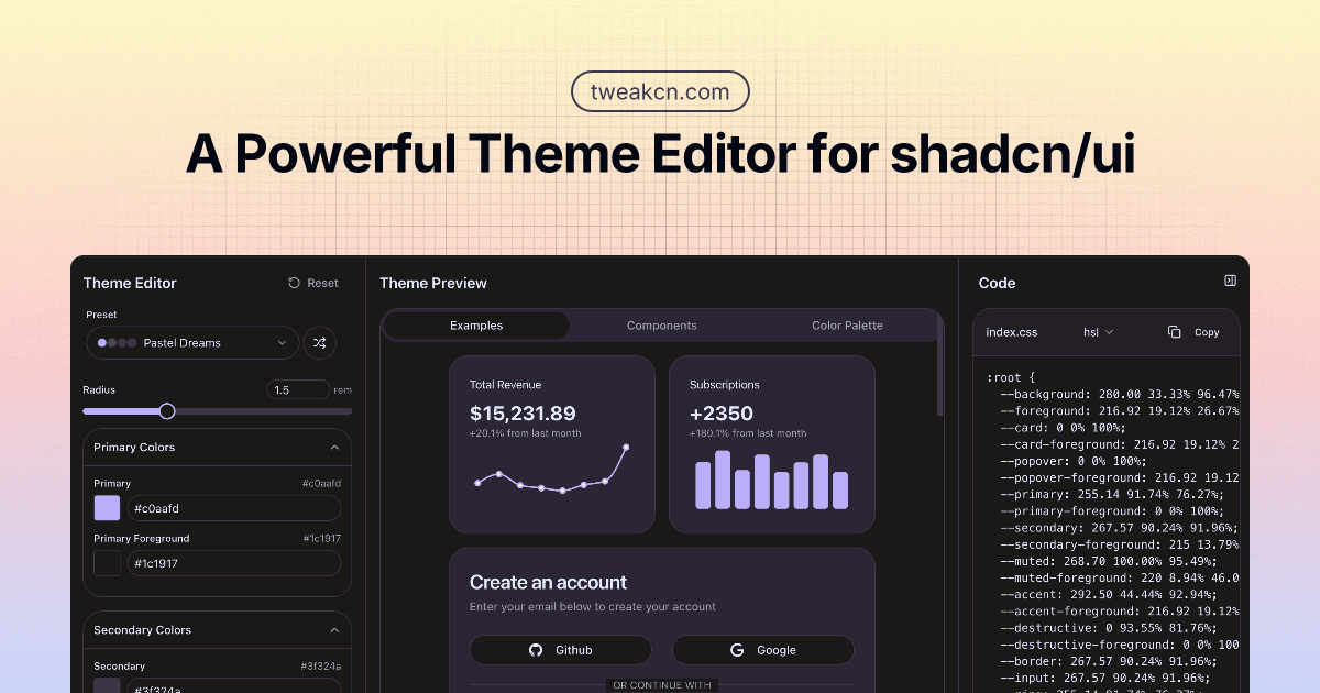 Preview of Beautiful themes for shadcn/ui — tweakcn | Theme Editor & Generator