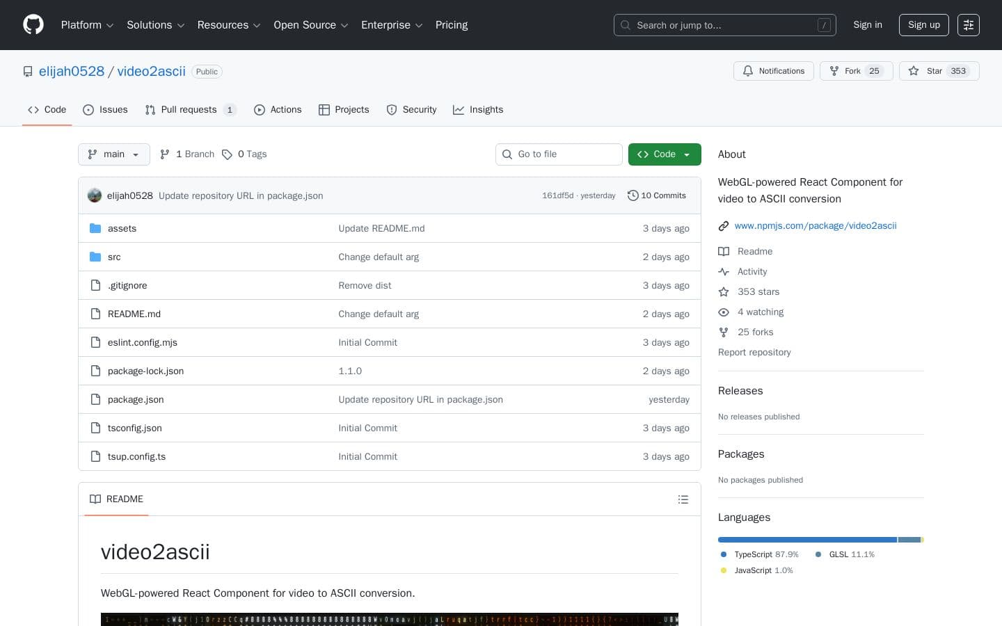GitHub - elijah0528/video2ascii: WebGL-powered React Component for video to ASCII conversion