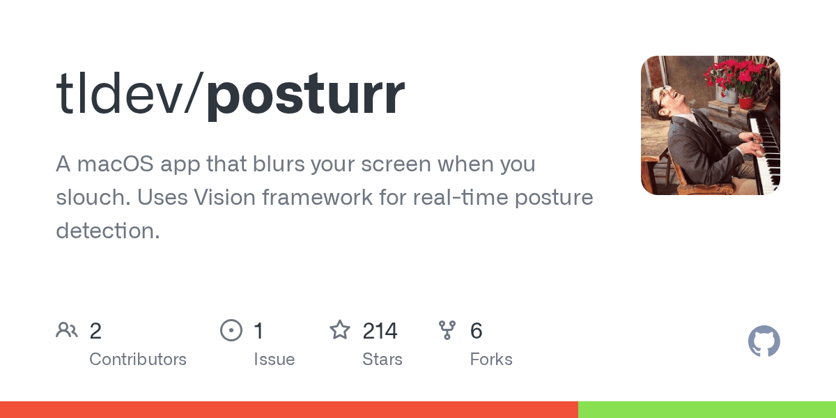 GitHub - tldev/posturr: A macOS app that blurs your screen when you slouch. Uses Vision framework for real-time posture detection.