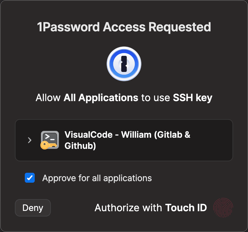 1Password Access Requested system prompt with Touch ID