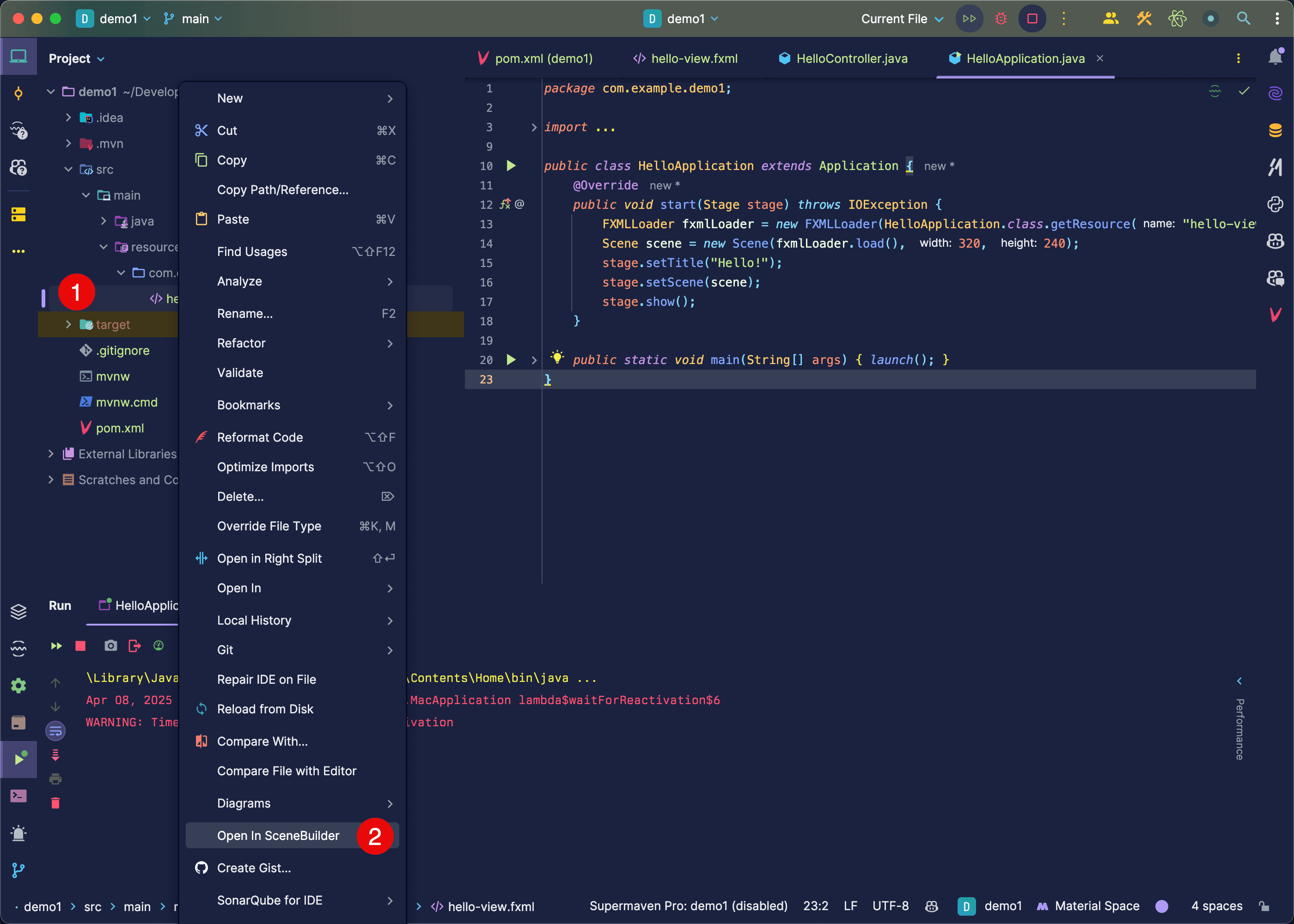 Right-clicking an FXML file in IntelliJ Project view showing the 'Open In SceneBuilder' option