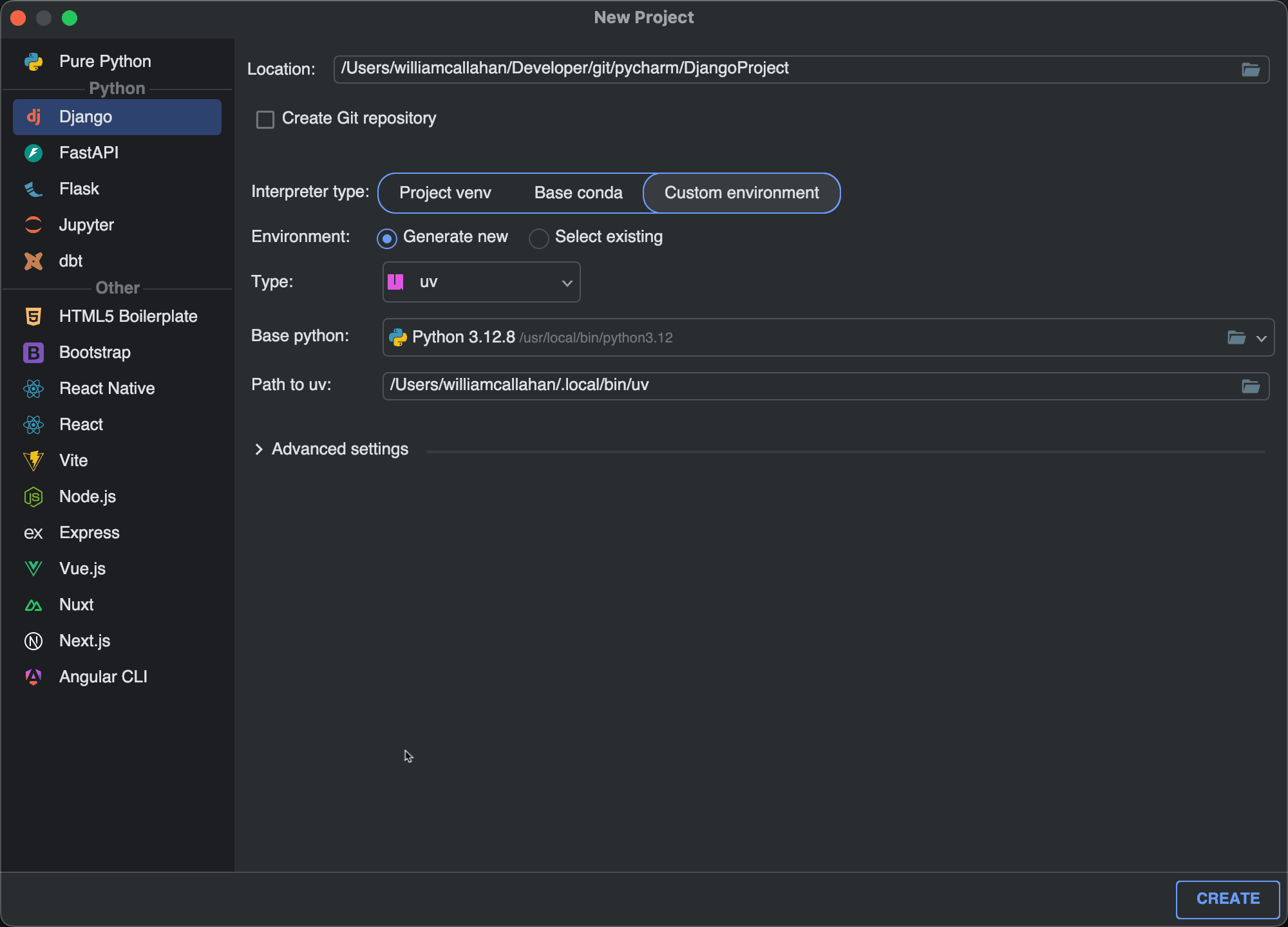 PyCharm New Project dialog showing Django selected with 'uv' as the environment type
