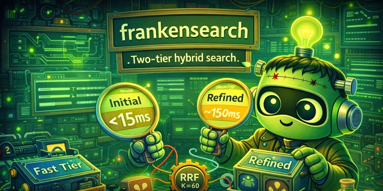 Preview of GitHub - Dicklesworthstone/frankensearch: Two-tier hybrid search for Rust: sub-millisecond initial results via potion-128M, quality-refined rankings in 150ms via MiniLM-L6-v2. Combines lexical (Tantivy BM25) and semantic (vector cosine) search with Reciprocal Rank Fusion. Progressive iterator API, f16 SIMD vector index, feature-gated compilation.