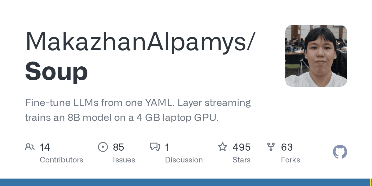 Preview of GitHub - MakazhanAlpamys/Soup: Fine-tune LLMs from one YAML. Layer streaming trains an 8B model on a 4 GB laptop GPU.
