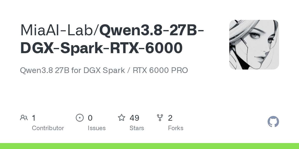 Preview of GitHub - MiaAI-Lab/Qwen3.8-27B-DGX-Spark-RTX-6000: Qwen3.8 27B for DGX Spark / RTX 6000 PRO