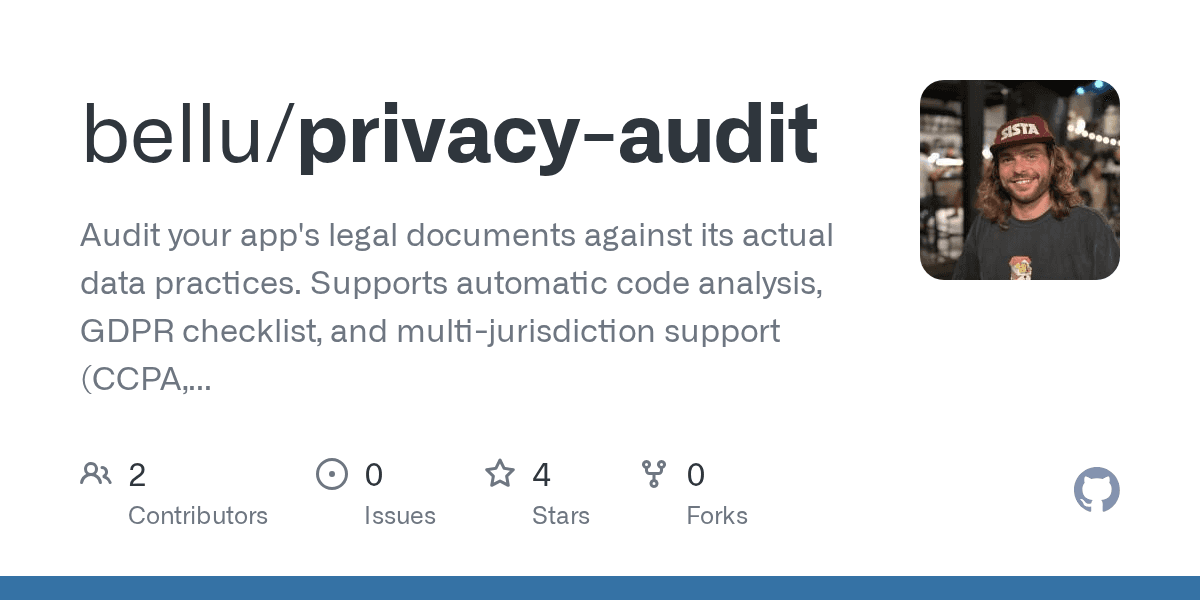 Preview of bellu/privacy-audit: Audit your app's legal documents against its actual data practices. Supports automatic code analysis, GDPR checklist, and multi-jurisdiction support (CCPA, LGPD, UK GDPR, and more).