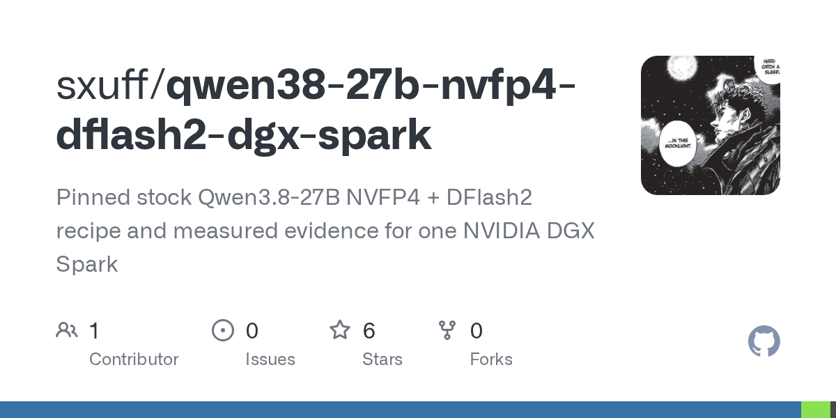 Preview of GitHub - sxuff/qwen38-27b-nvfp4-dflash2-dgx-spark: Pinned stock Qwen3.8-27B NVFP4 + DFlash2 recipe and measured evidence for one NVIDIA DGX Spark