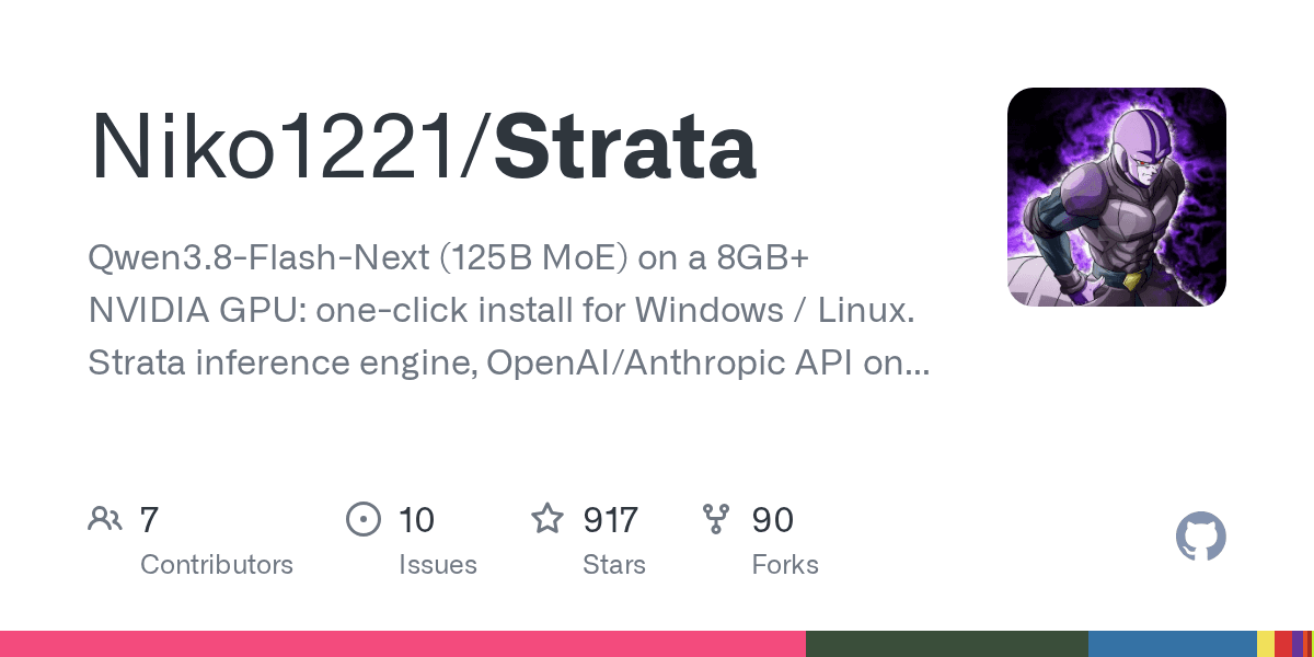 GitHub - Niko1221/Strata: Qwen3.8-Flash-Next (125B MoE) on a 8GB+ NVIDIA GPU: one-click install for Windows / Linux. Strata inference engine, OpenAI/Anthropic API on localhost, optional image input.