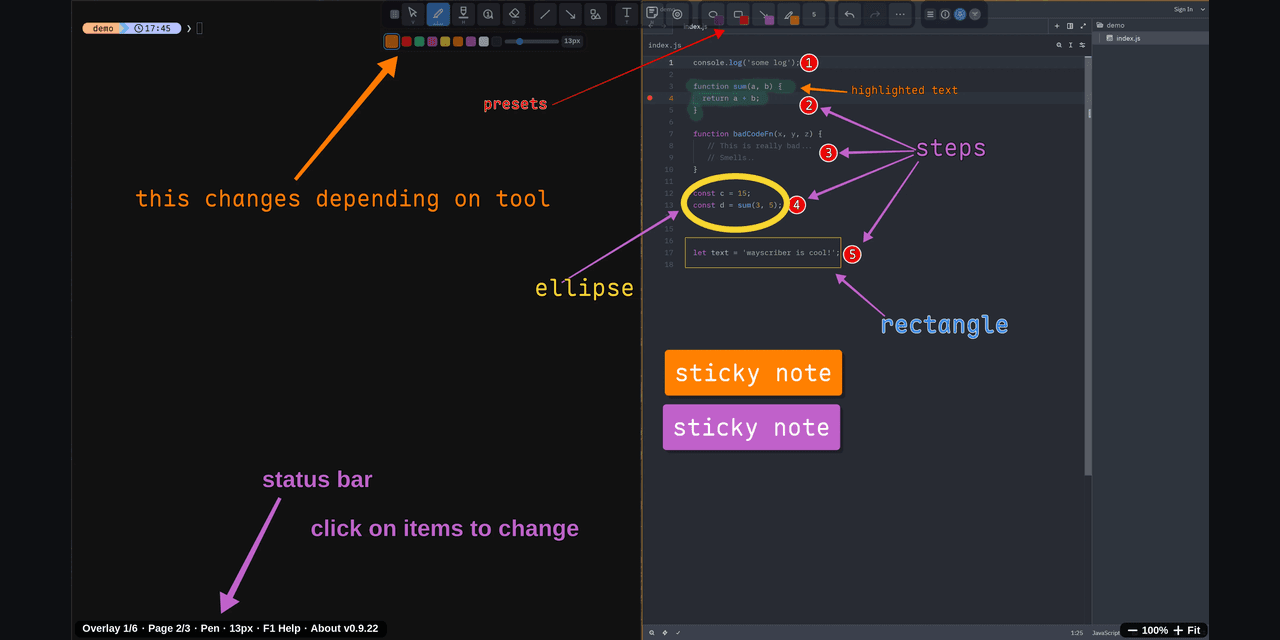Preview of GitHub - devmobasa/wayscriber: Live overlay for drawing, annotating with zoom, hiding text, and capturing screenshots on Linux. Can be used as whiteboard or blackboard. Highly customisable. Written in Rust.