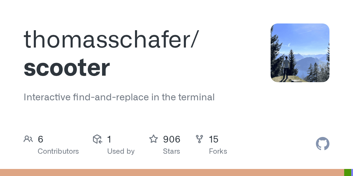 Preview of GitHub - thomasschafer/scooter: Interactive find-and-replace in the terminal