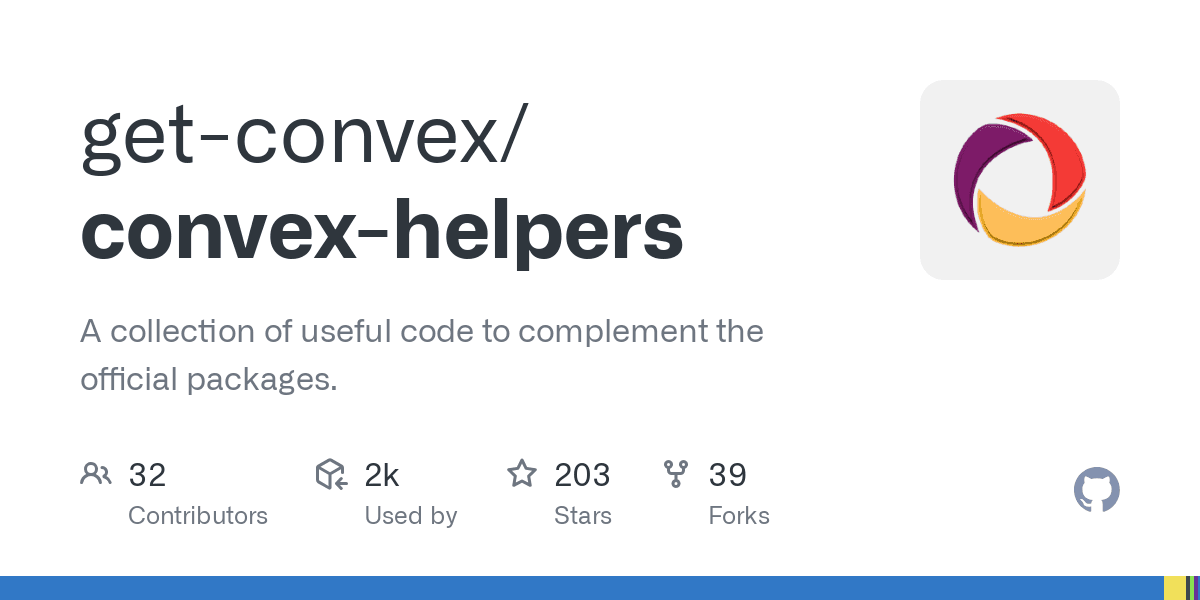 Preview of GitHub - get-convex/convex-helpers: A collection of useful code to complement the official packages.