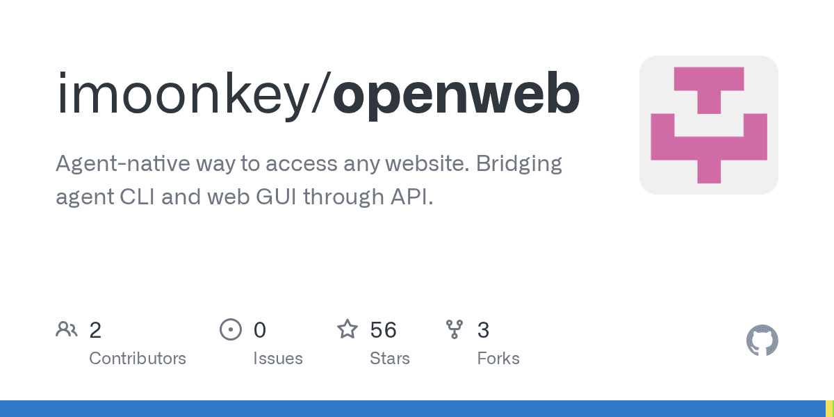 Preview of imoonkey/openweb: Agent-native way to access any website. Bridging agent CLI and web GUI through API.