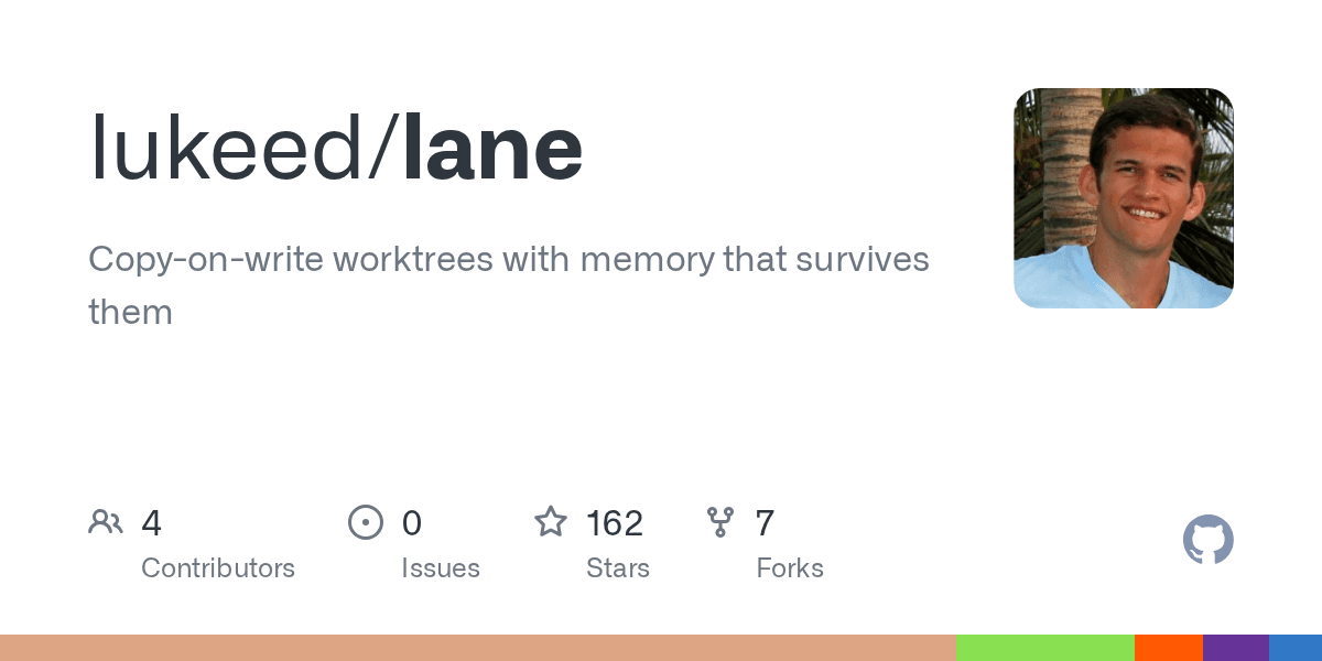 GitHub - lukeed/lane: Copy-on-write worktrees with memory that survives them