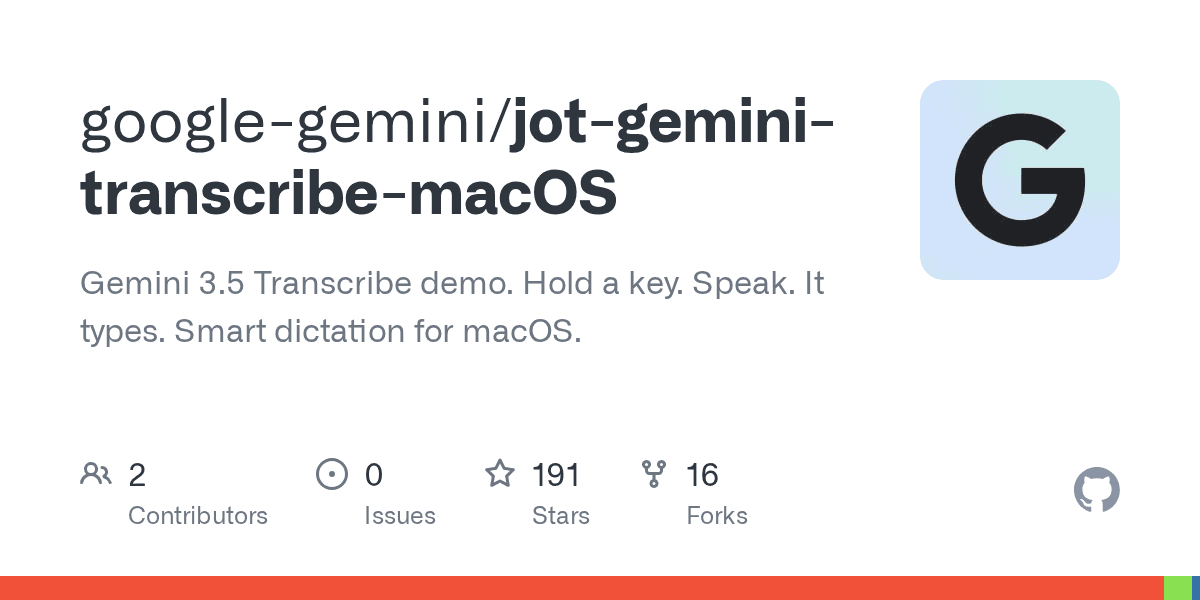 Preview of GitHub - google-gemini/jot-gemini-transcribe-macOS: Gemini 3.5 Transcribe demo. Hold a key. Speak. It types. Smart dictation for macOS.