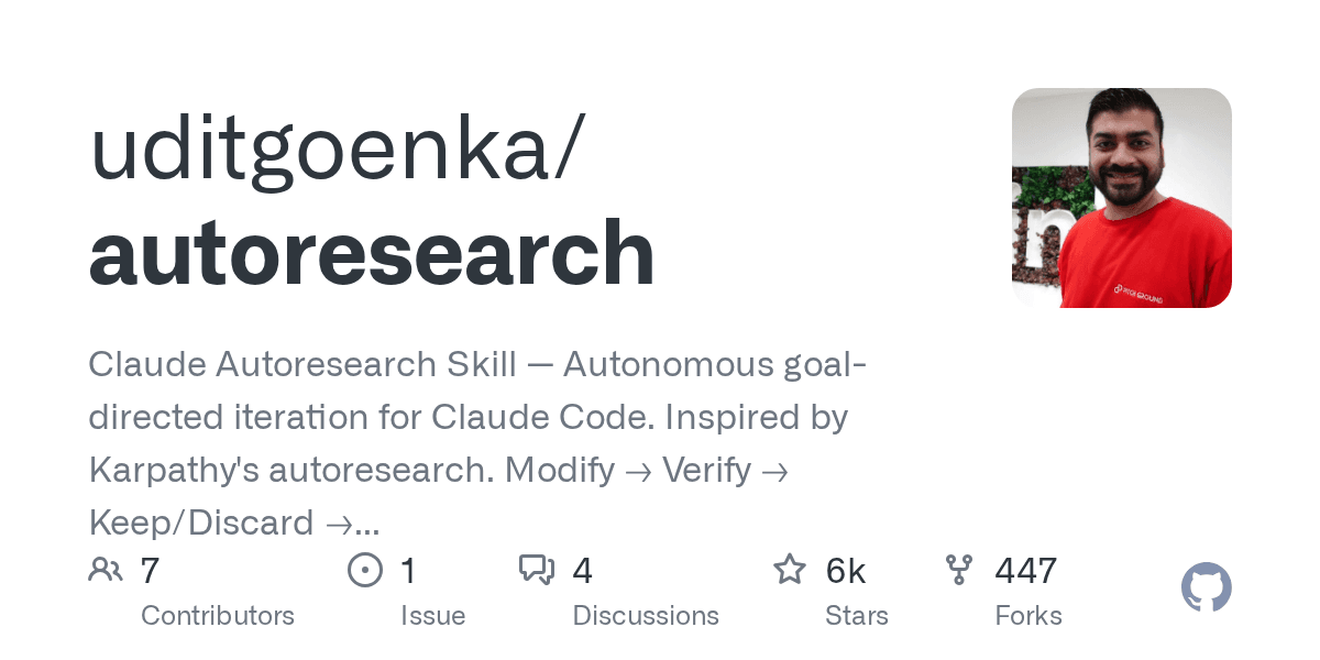 Preview of GitHub - uditgoenka/autoresearch: Claude Autoresearch Skill — Autonomous goal-directed iteration for Claude Code. Inspired by Karpathy’s autoresearch. Modify → Verify → Keep/Discard → Repeat forever.