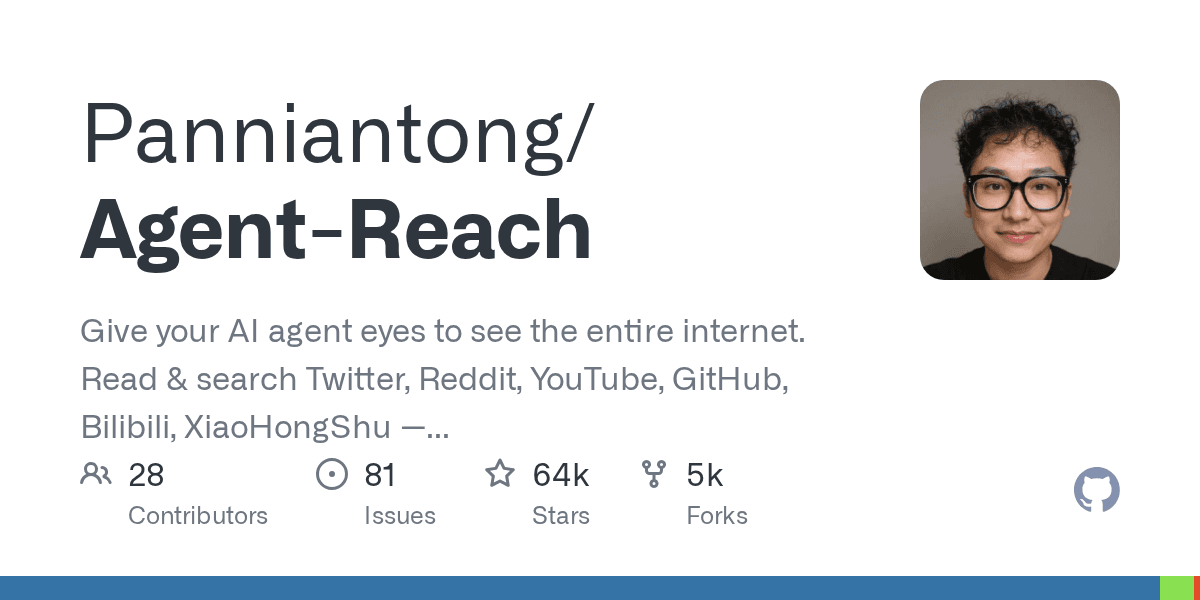 Preview of GitHub - Panniantong/Agent-Reach: Give your AI agent eyes to see the entire internet. Read & search Twitter, Reddit, YouTube, GitHub, Bilibili, XiaoHongShu — one CLI, zero API fees.