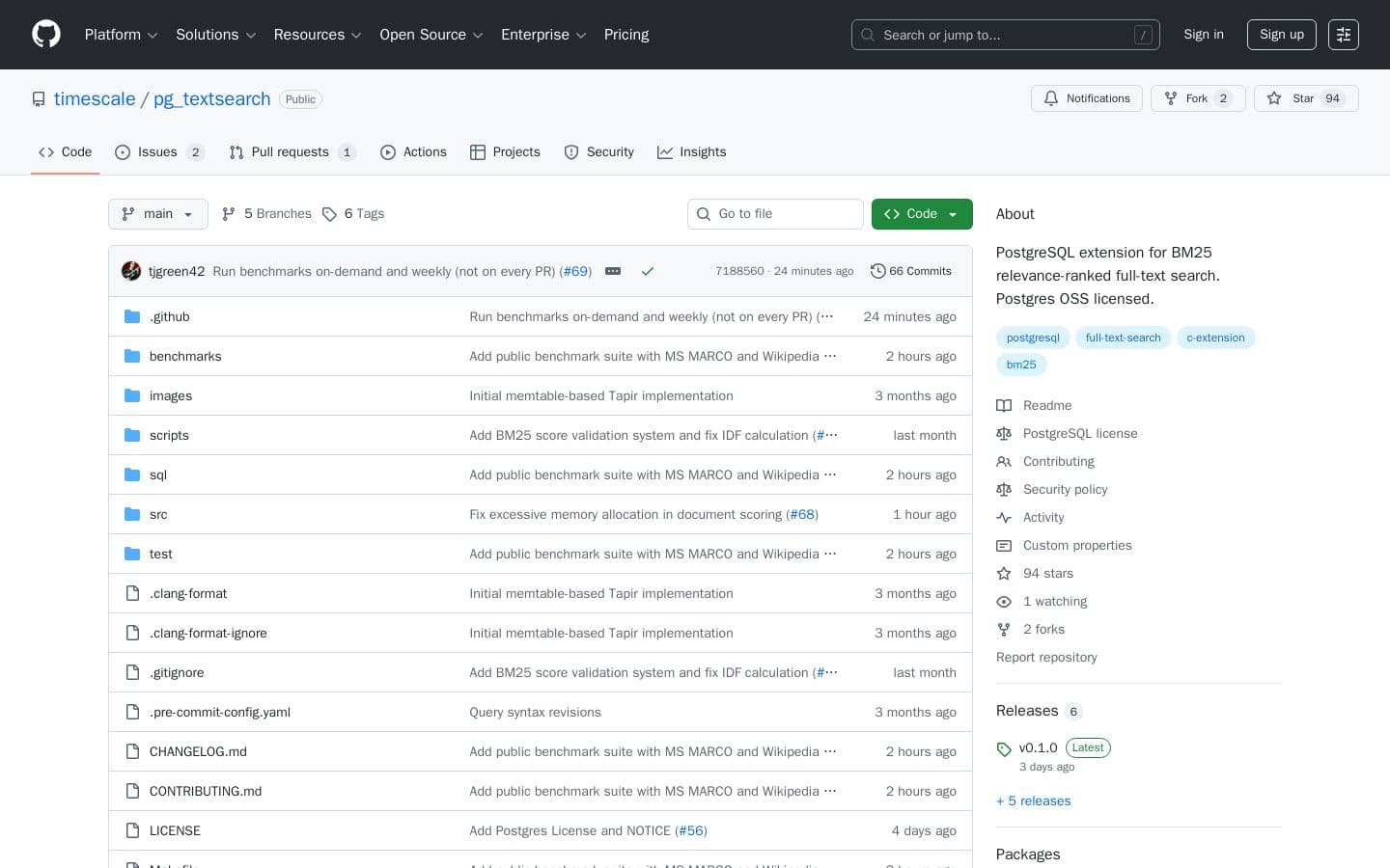 timescale/pg_textsearch: PostgreSQL extension for BM25 relevance-ranked full-text search