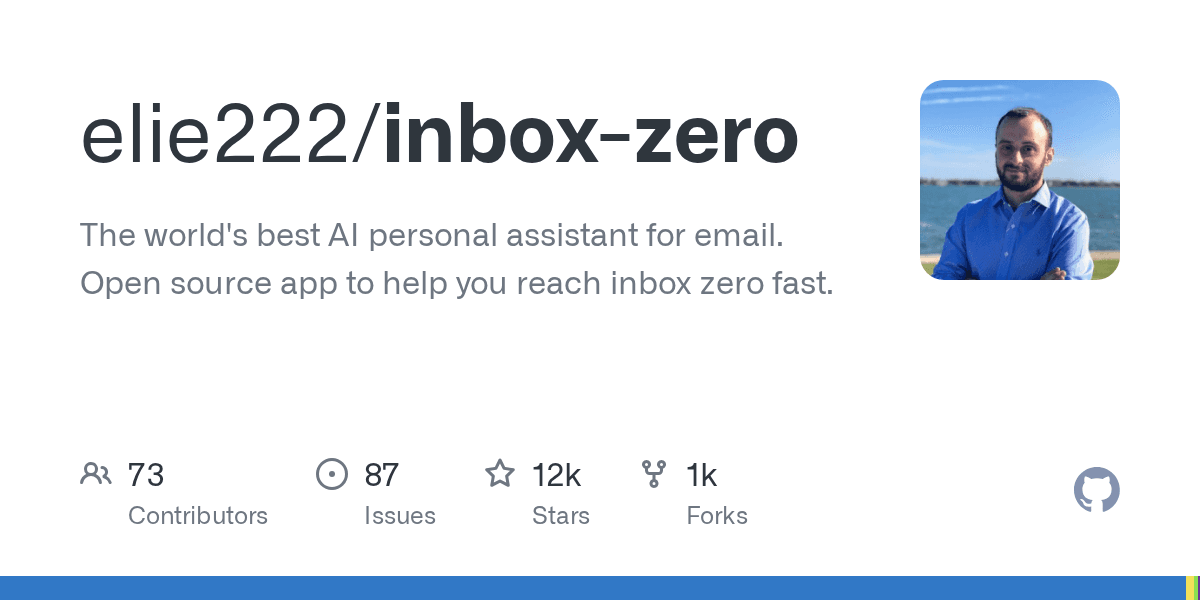 Preview of GitHub - elie222/inbox-zero: The world’s best AI personal assistant for email. Open source app to help you reach inbox zero fast.
