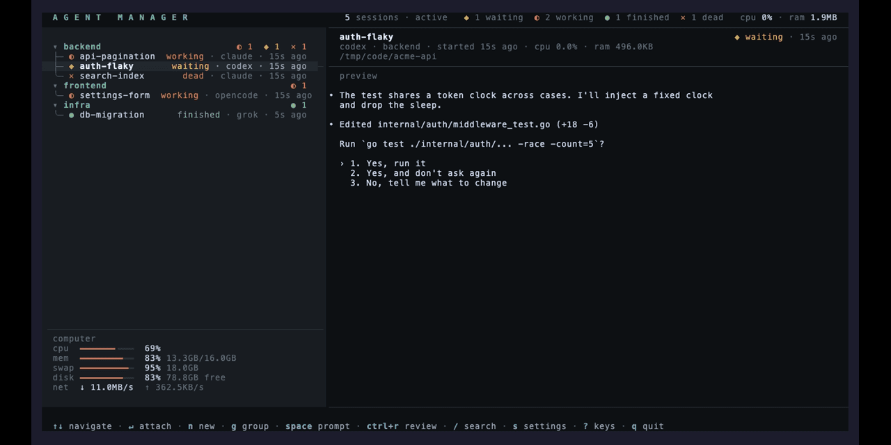 Preview of GitHub - YoanWai/agent-manager: Terminal UI to manage AI coding-agent sessions (Claude Code, OpenCode, Codex, Grok Build) in tmux: live status, group tree, live pane preview, resource gauges.