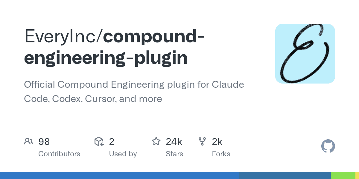 Preview of GitHub - EveryInc/compound-engineering-plugin: Official Compound Engineering plugin for Claude Code, Codex, Cursor, and more