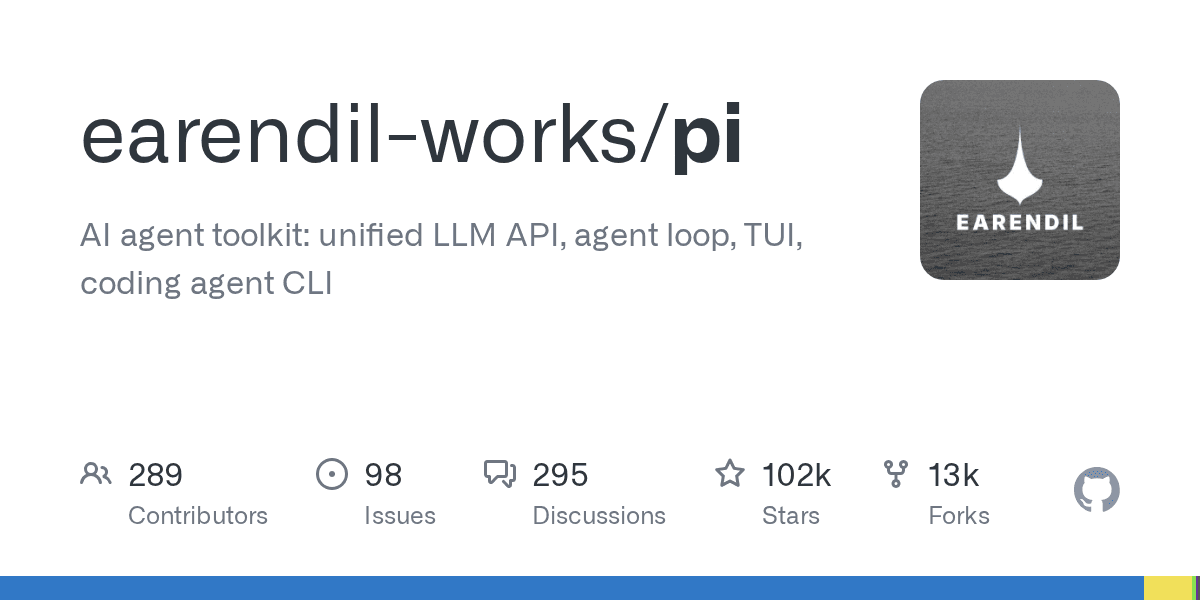 Preview of earendil-works/pi: AI agent toolkit: unified LLM API, agent loop, TUI, coding agent CLI