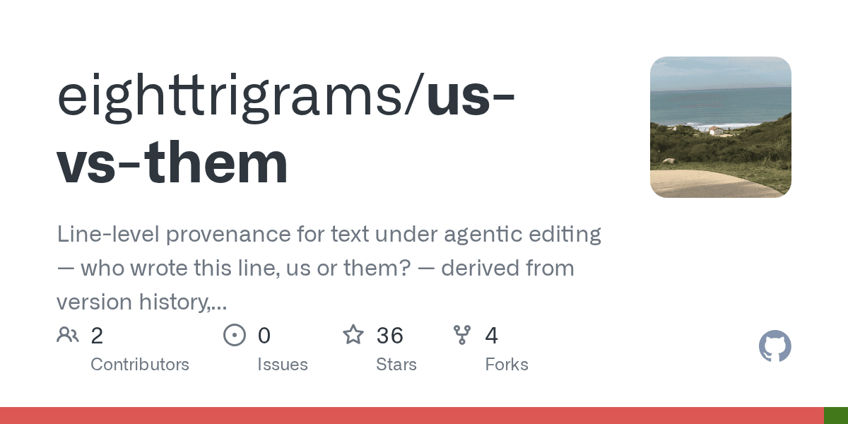 Preview of GitHub - eighttrigrams/us-vs-them: Line-level provenance for text under agentic editing — who wrote this line, us or them? — derived from version history, not from markup in the file.
