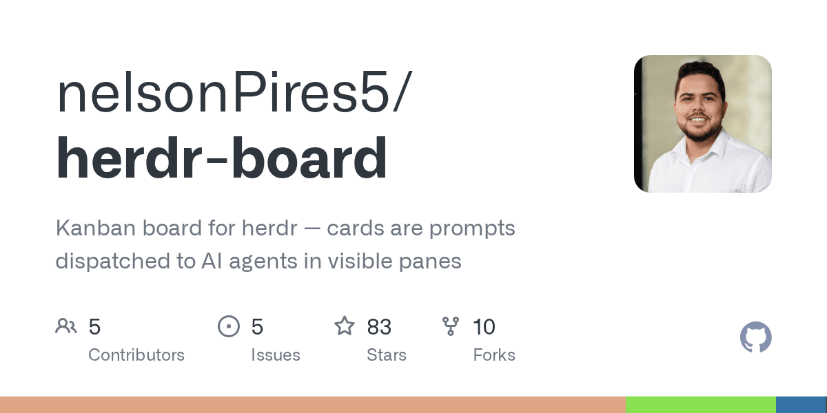 nelsonPires5/herdr-board: Kanban board for herdr — cards are prompts dispatched to AI agents in visible panes