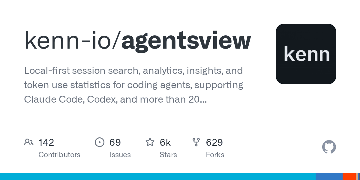 Preview of GitHub - kenn-io/agentsview: Local-first session search, analytics, insights, and token use statistics for coding agents, supporting Claude Code, Codex, and more than 20 other agents.
