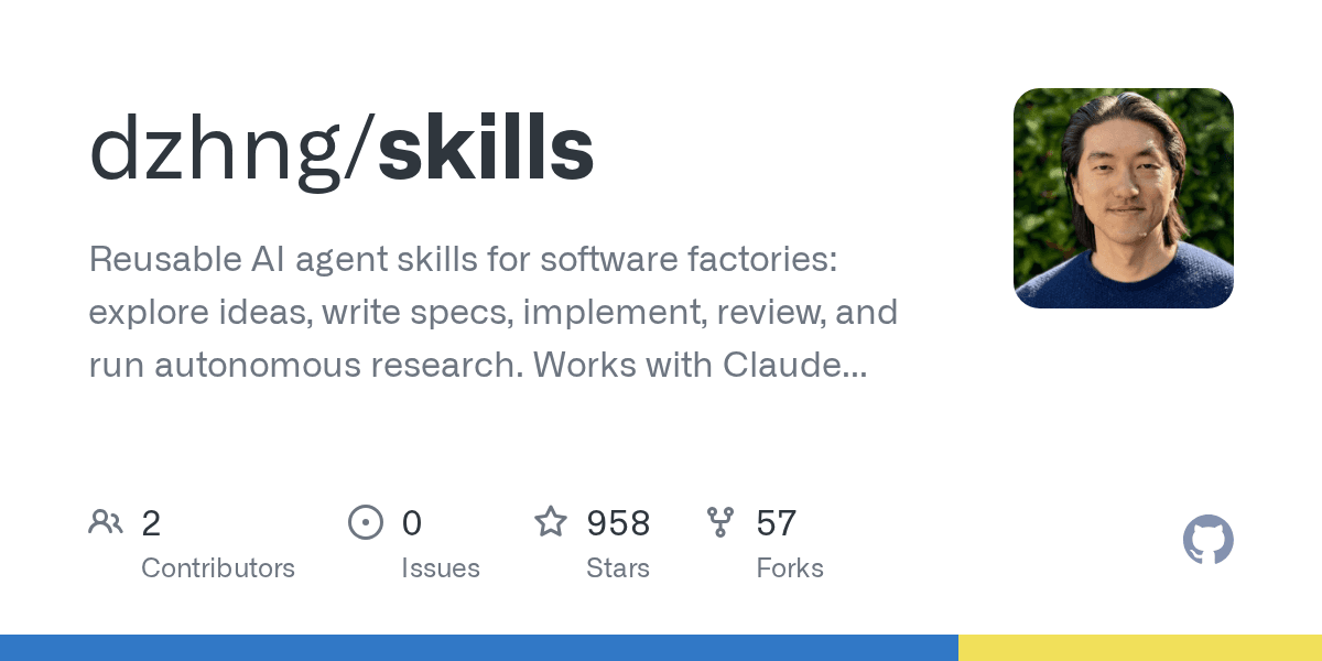 Preview of GitHub - dzhng/skills: Reusable AI agent skills for software factories: explore ideas, write specs, implement, review, and run autonomous research. Works with Claude Code, Codex, and other skill-compatible agents.