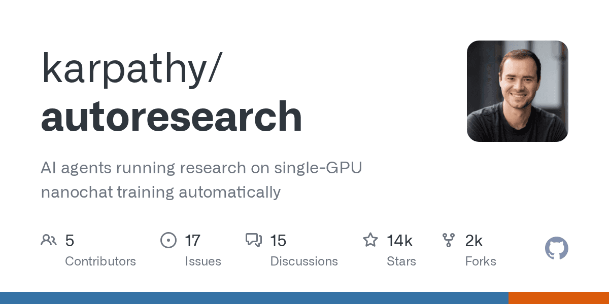 GitHub - karpathy/autoresearch: AI agents running research on single-GPU nanochat training automatically