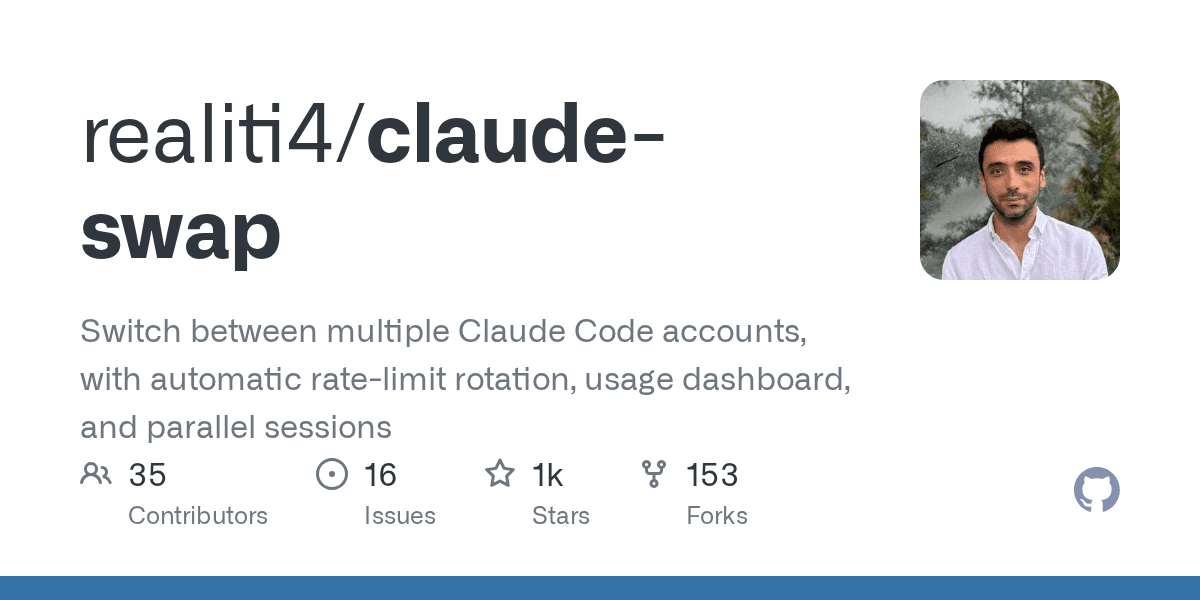 Preview of GitHub - realiti4/claude-swap: Switch between multiple Claude Code accounts, with automatic rate-limit rotation, usage dashboard, and parallel sessions