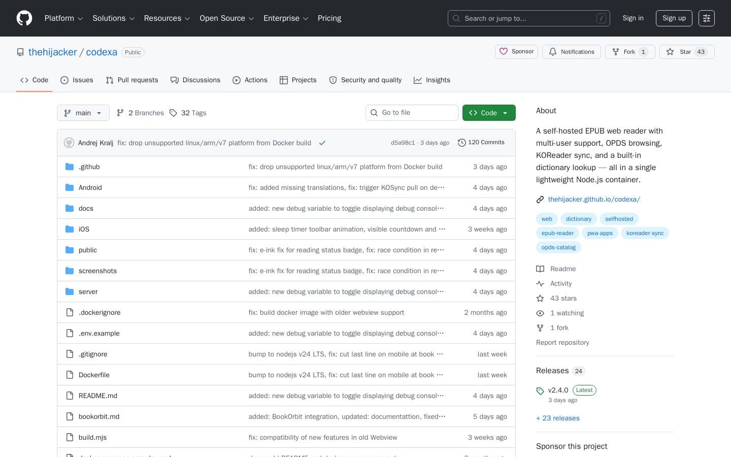 Preview of GitHub - thehijacker/codexa: A self-hosted EPUB web reader with multi-user support, OPDS browsing, KOReader sync, and a built-in dictionary lookup — all in a single lightweight Node.js container.