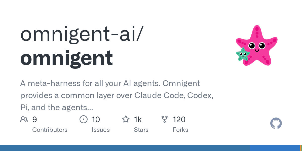 Preview of GitHub - omnigent-ai/omnigent: A meta-harness for all your AI agents. Omnigent provides a common layer over Claude Code, Codex, Pi, and the agents you write yourself: swap or combine harnesses without rewriting, keep them in check with policies and sandboxing, and collaborate in real time on the same live session, from any device.