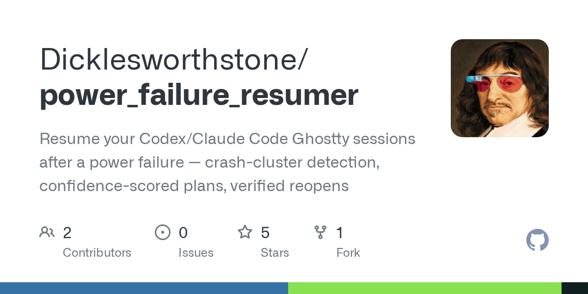 Preview of GitHub - Dicklesworthstone/power_failure_resumer: Resume your Codex/Claude Code Ghostty sessions after a power failure — crash-cluster detection, confidence-scored plans, verified reopens
