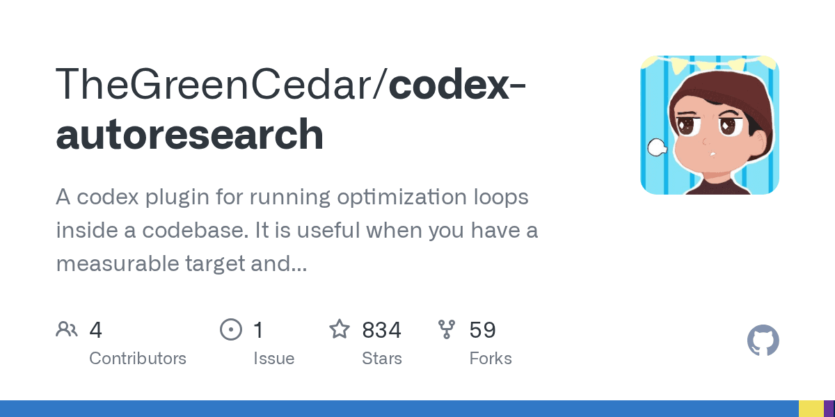 Preview of GitHub - TheGreenCedar/codex-autoresearch: A codex plugin for running optimization loops inside a codebase. It is useful when you have a measurable target and many possible changes to try: test runtime, build speed, bundle size, model loss, Lighthouse scores, memory use, query latency, or any other metric you can print from a script.
