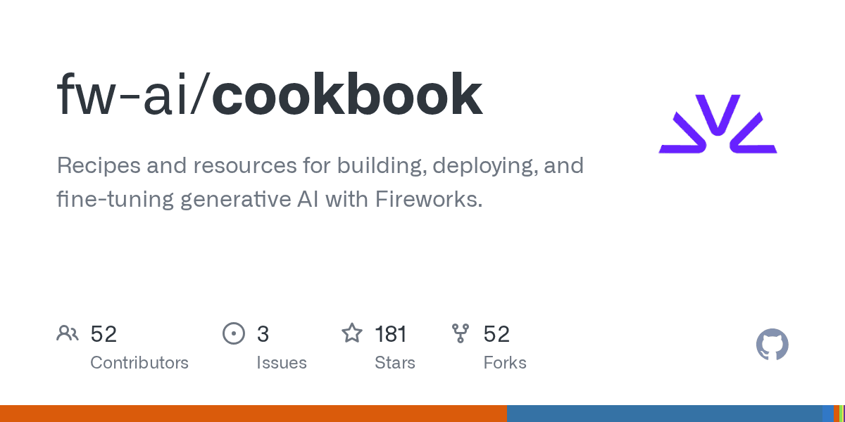 Preview of fw-ai/cookbook: Recipes and resources for building, deploying, and fine-tuning generative AI with Fireworks.