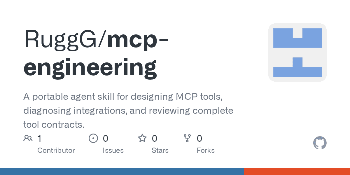 Preview of GitHub - RuggG/mcp-engineering: A portable agent skill for designing MCP tools, diagnosing integrations, and reviewing complete tool contracts.