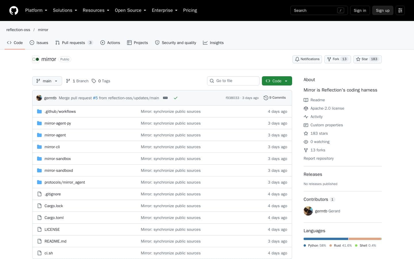 Preview of GitHub - reflection-oss/mirror: Mirror is Reflection’s coding harness