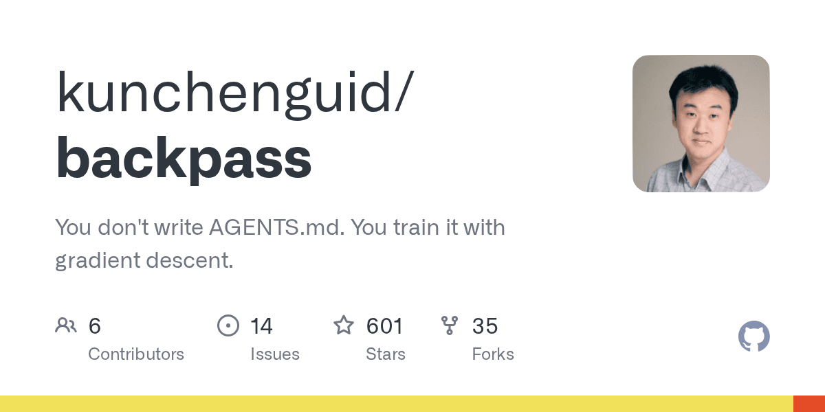 Preview of GitHub - kunchenguid/backpass: You don’t write AGENTS.md. You train it with gradient descent.